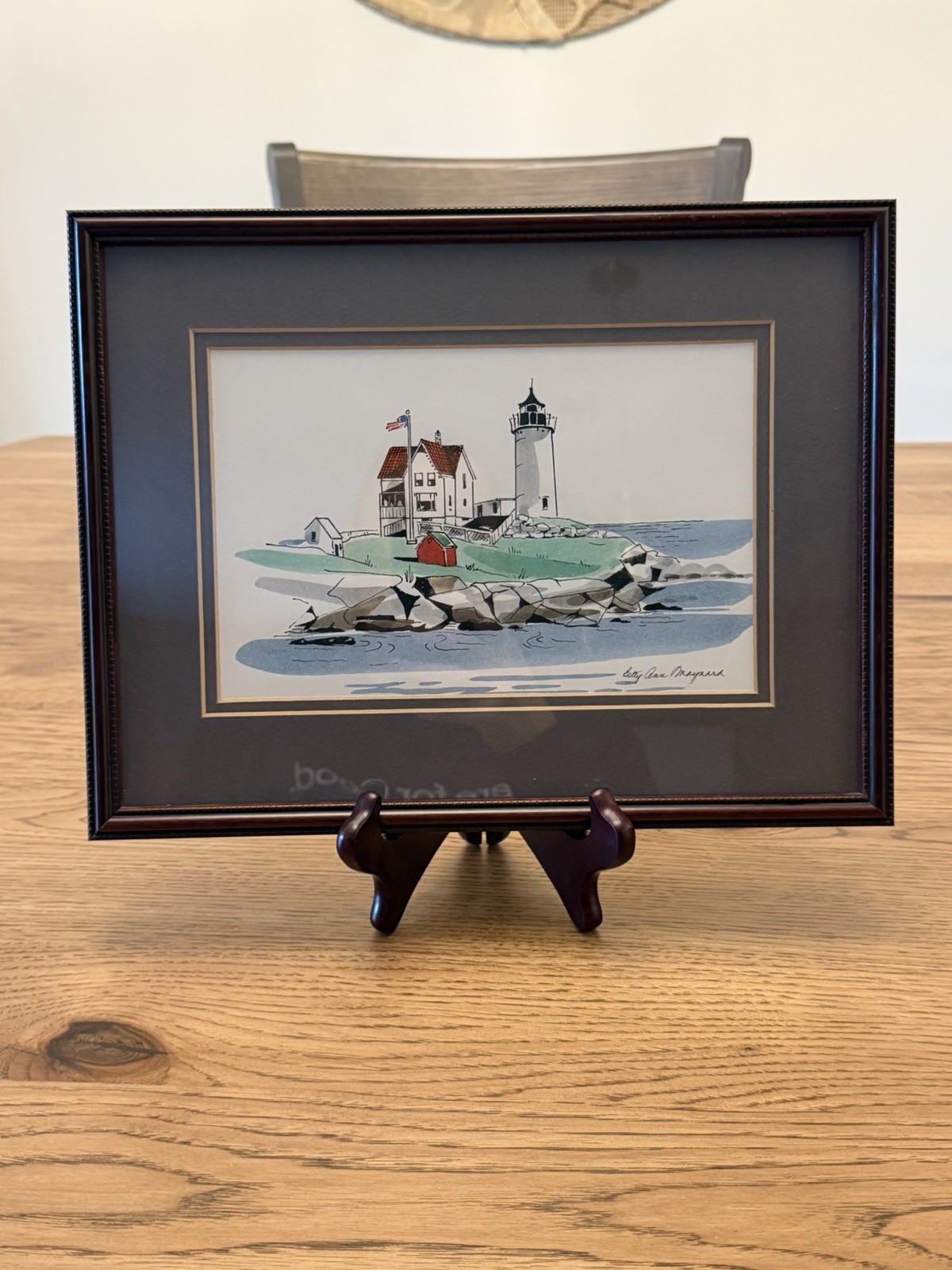 Framed Ink & Watercolor Painting Cape Neddick “Nubble” Lighthouse 12×9 In