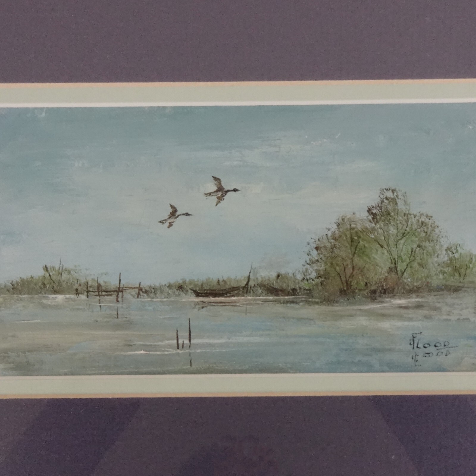 Vintage Painting NJ Seascape Landscape Ducks in Flight Signed Framed Original