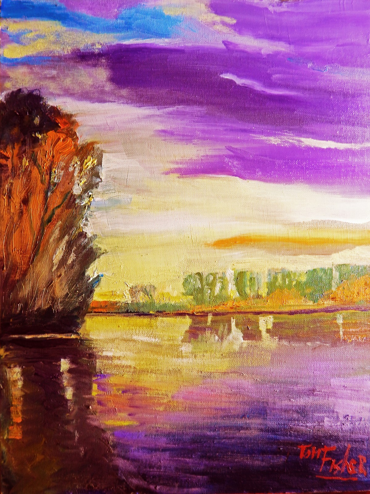 river stream morning purple skies realistic Impressionism oil Painting landscape