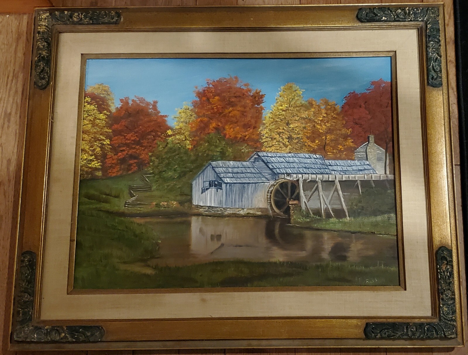 Vintage Watermill Country Autumn Landscape Oil Painting Linen Gesso Wood Frame