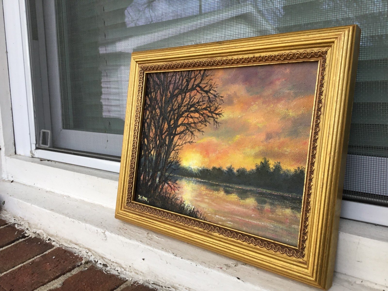 SUNRISE ON THE RIVER – original framed oil landscape painting on 6X8 inch canvas