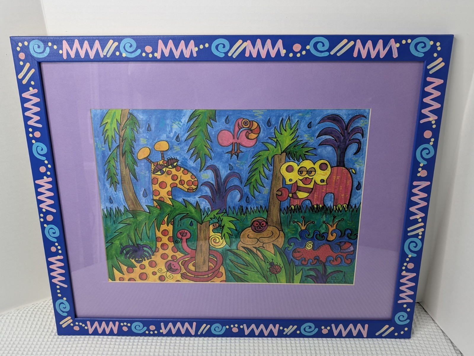Whimsical Painting Print Jungle Scene Signed Framed Matted Vtg Colorful 22 x 18