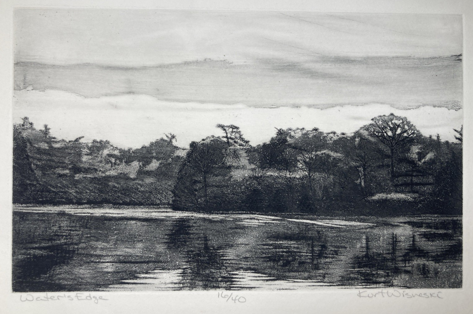 Vintage Original Etching Print Riverside Landscape Trees Kurt Wisneski Signed