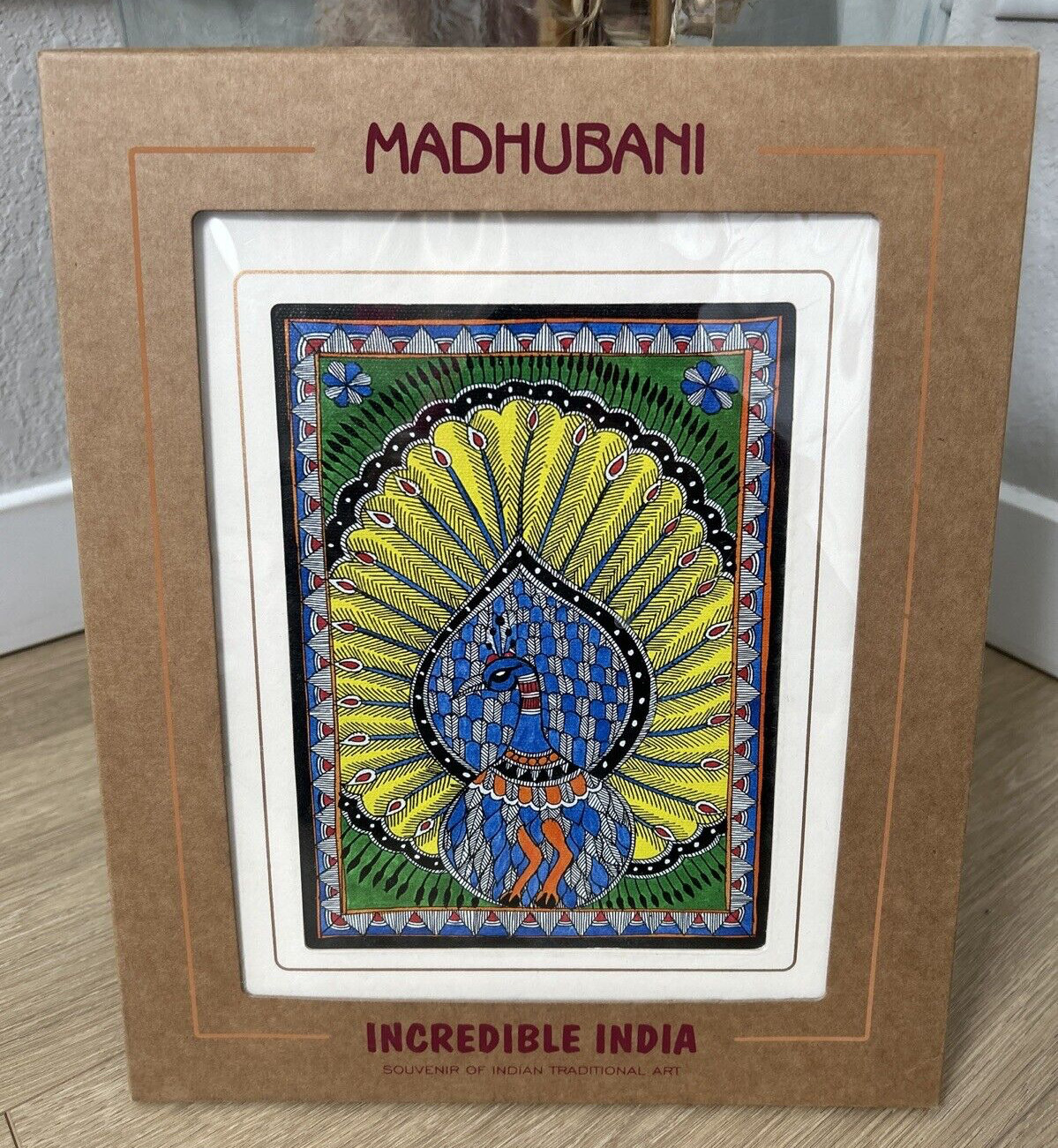 Madhubani Art Print India Peacock 12 x 9.5 Matted Ready to Frame