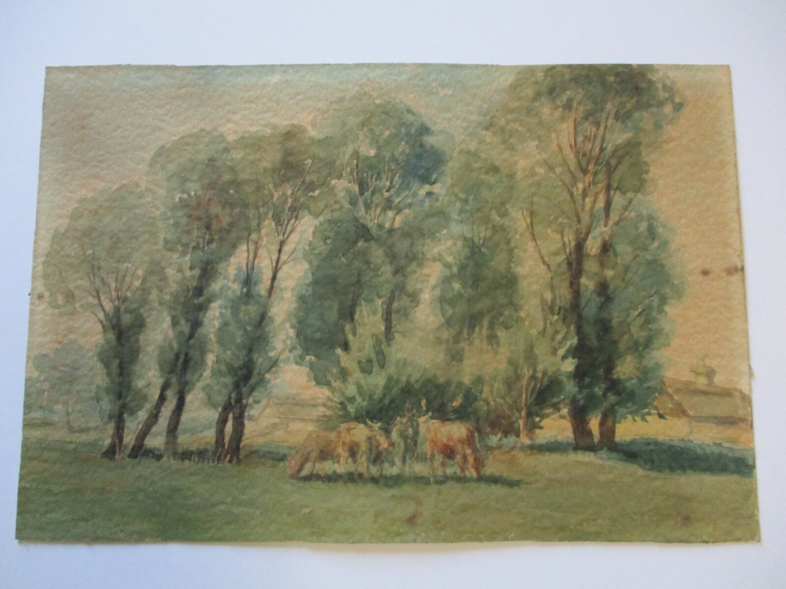 ANTIQUE IMPRESSIONIST PAINTING SMALL GEM MASTERFUL MAN COWS FARM LANDSCAPE 1910