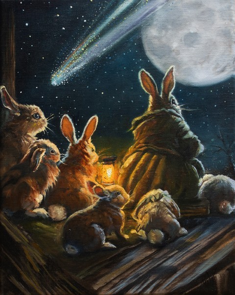 Original Fantasy Painting Rabbits & Comet 14 X 11 In Signed by- Tammi Vaughan