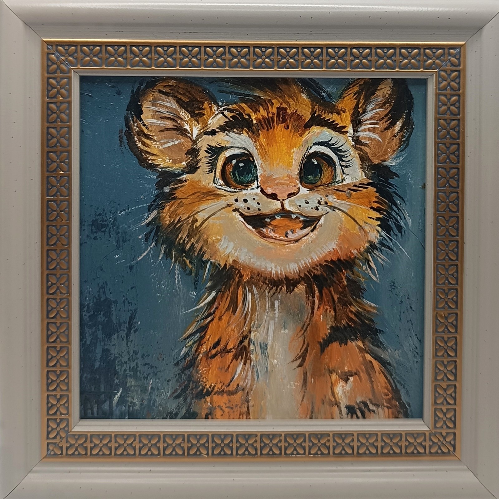 Original oil painting Tiger Cub Naive art Artist’s signature Frame size: 4*4 inc