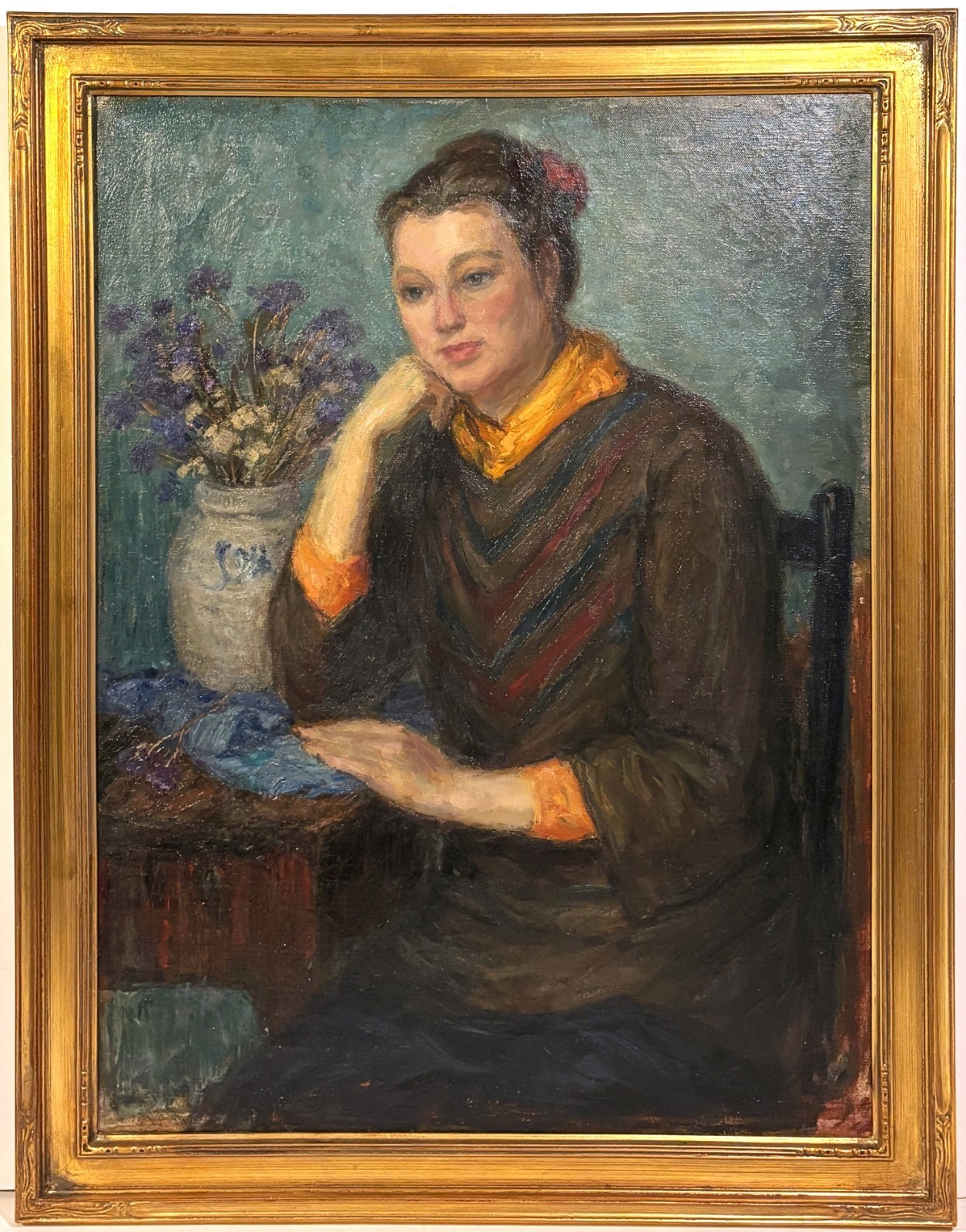 20th c. AMERICAN IMPRESSIONIS OIL PAINTING Portrait of a Woman w/ Purple Flowers