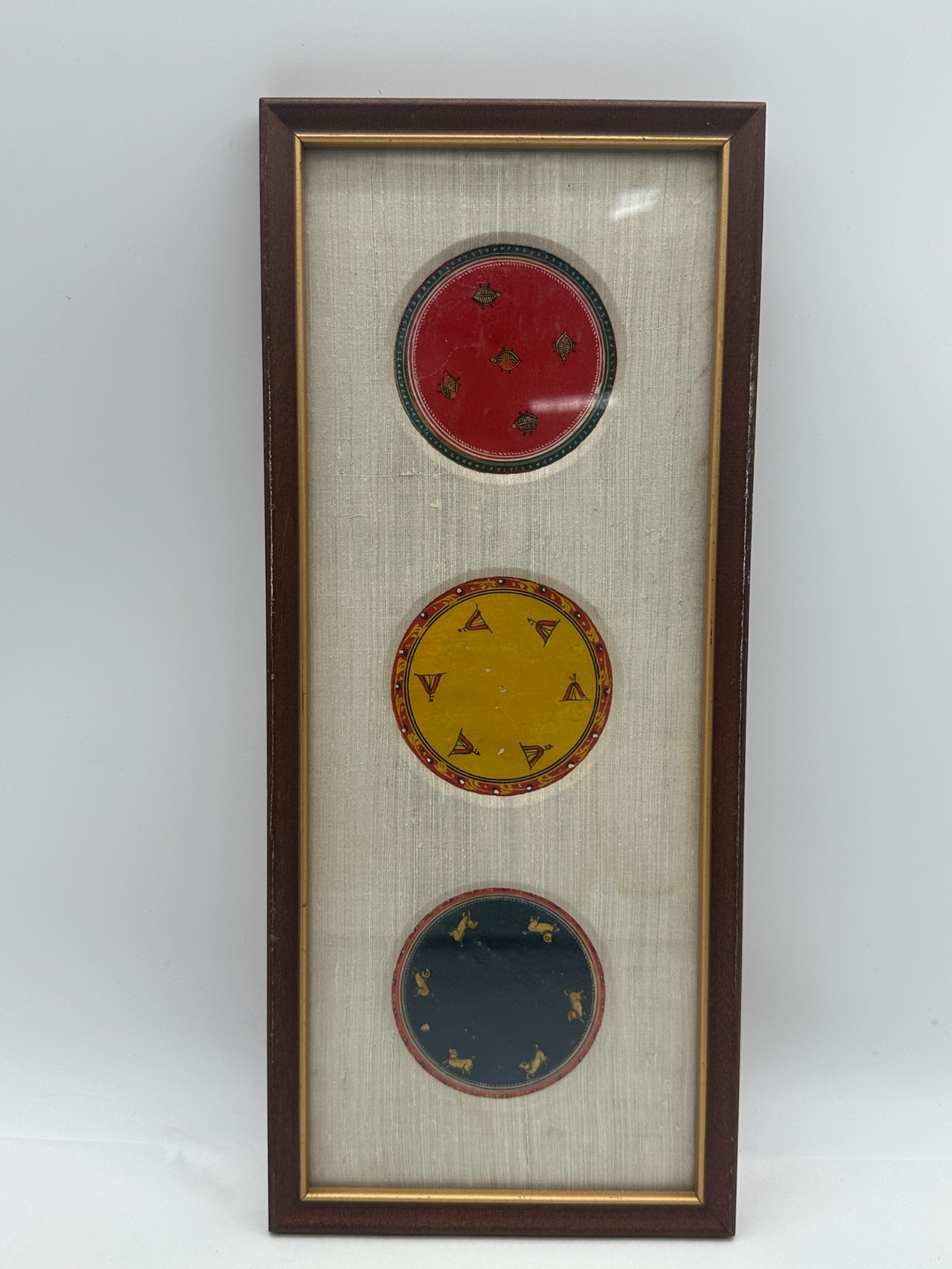 Framed Vintage Indian Ganjifa Playing Cards Hand Painted Circular Art Turtles