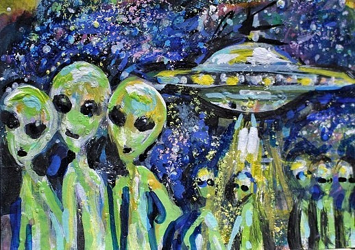Original ACEO Painting ALIEN Spaceship Stars ET Martian Universe UFO ATC ART