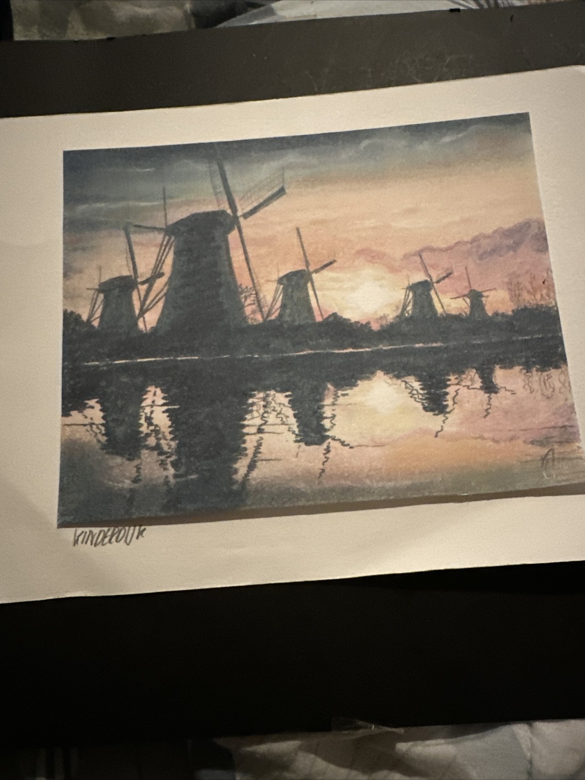 Windmills with sunset reflecting in water print, 8 X 6.5, 11.75 X 8.25 on mat