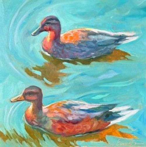 Original Oil Painting: Duck Love Birds on Aluminum, 12×12 Impressionist Art