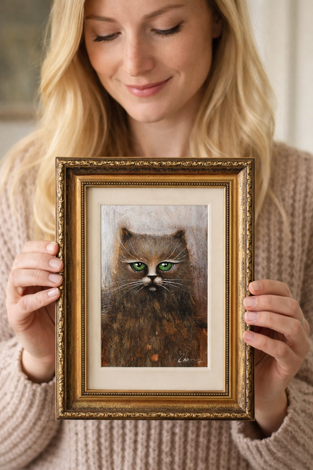 Original Acrylic Cat Painting Fine Art Charming Fantasy Modern Small Artwork A6