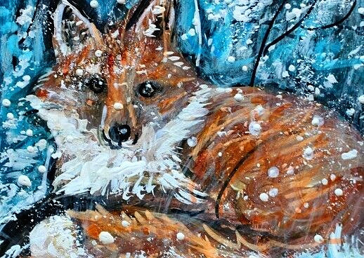 ORIGINAL ACEO Painting Red FOX Winter Snow Pine Tree Landscape Animal Nature ART