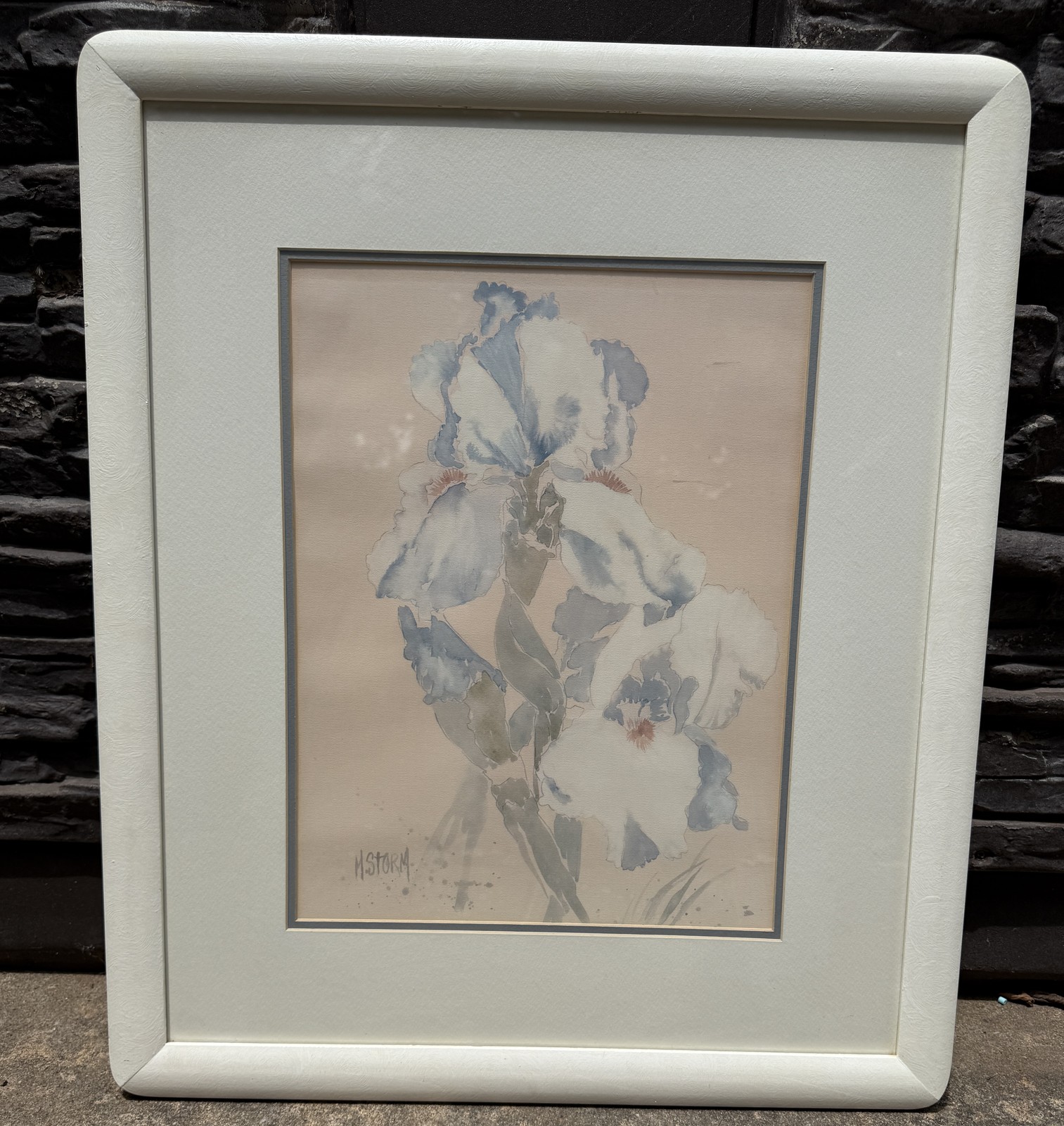 Vintage M Storm Blue Iris Watercolor Painting Signed Framed Floral Art 26×22 in