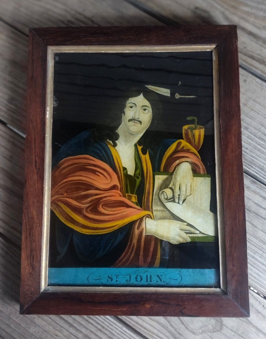 Antique 19th C Reverse Painting «St. John» in the Original Rosewood Frame