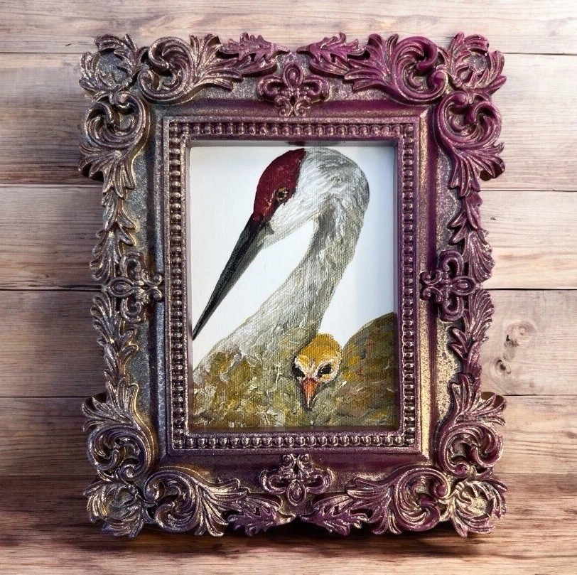 Sandhill Crane & Baby Chick watercolor print in Mini vintage style ornate frame