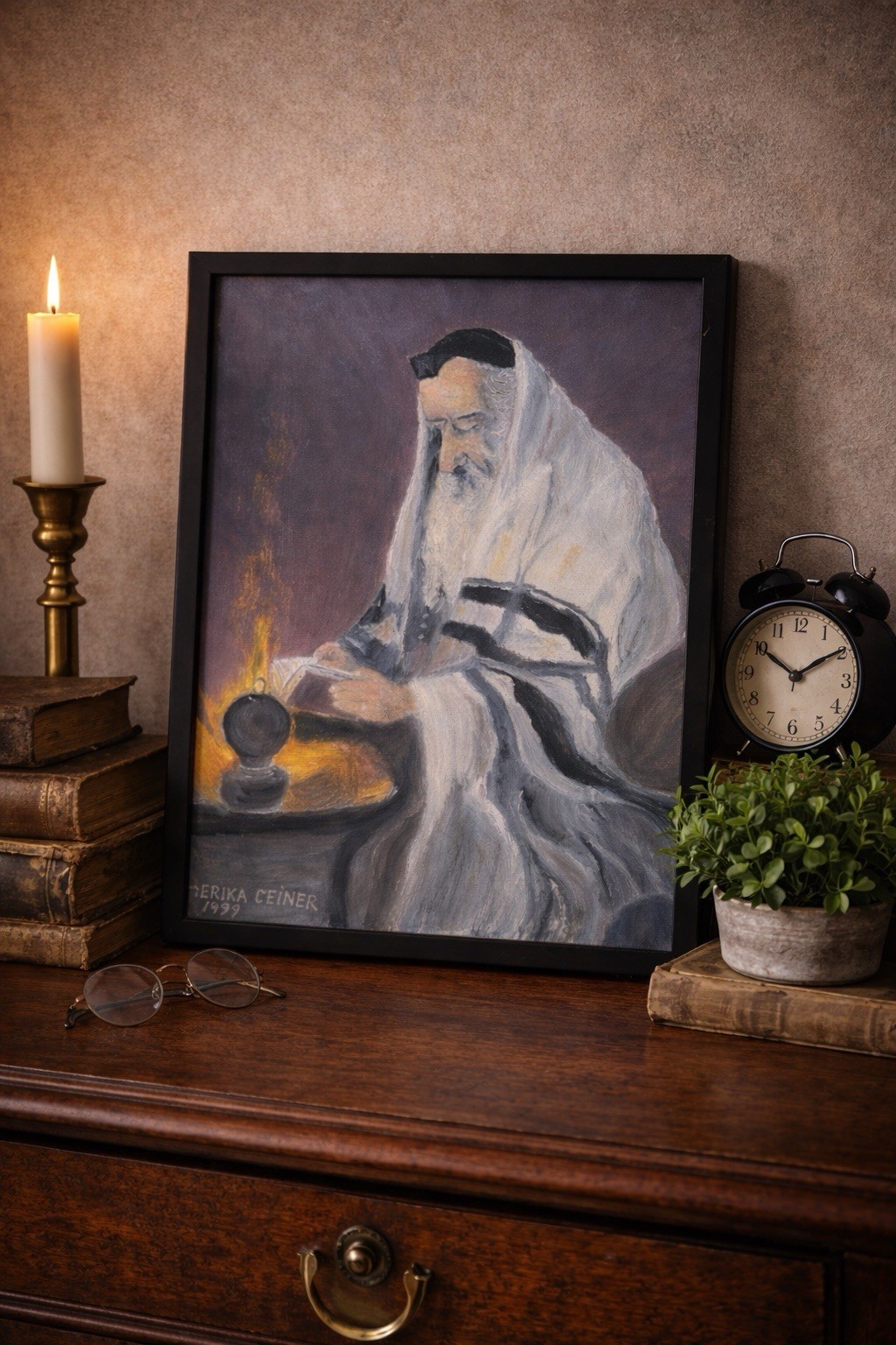 Vintage Original Signed Portrait Painting | Judaica Art Jewish Rabbi | Framed