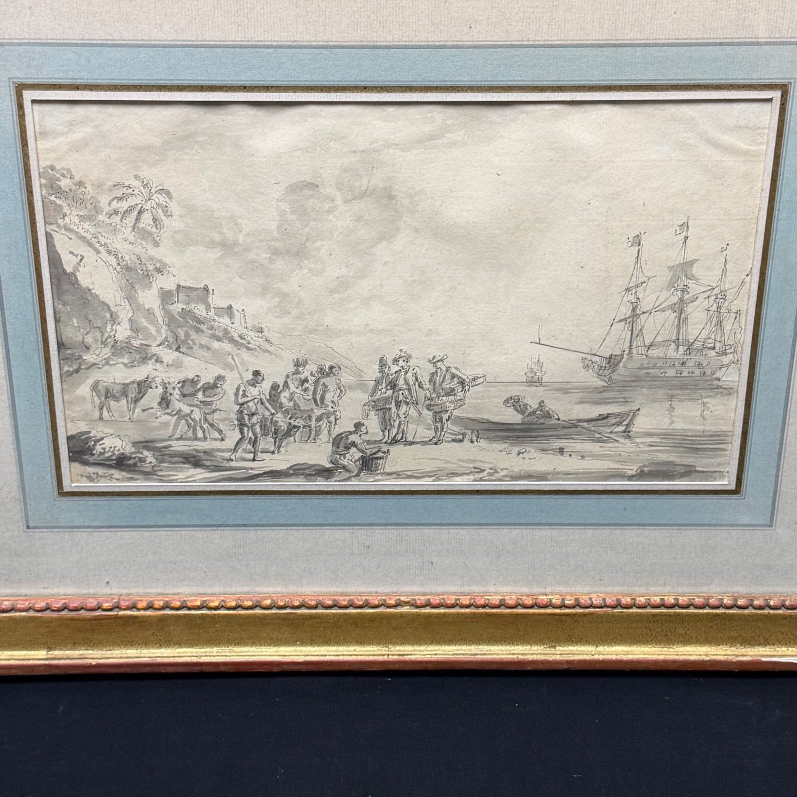 European School Harbor Scene Ink & Wash Drawing
