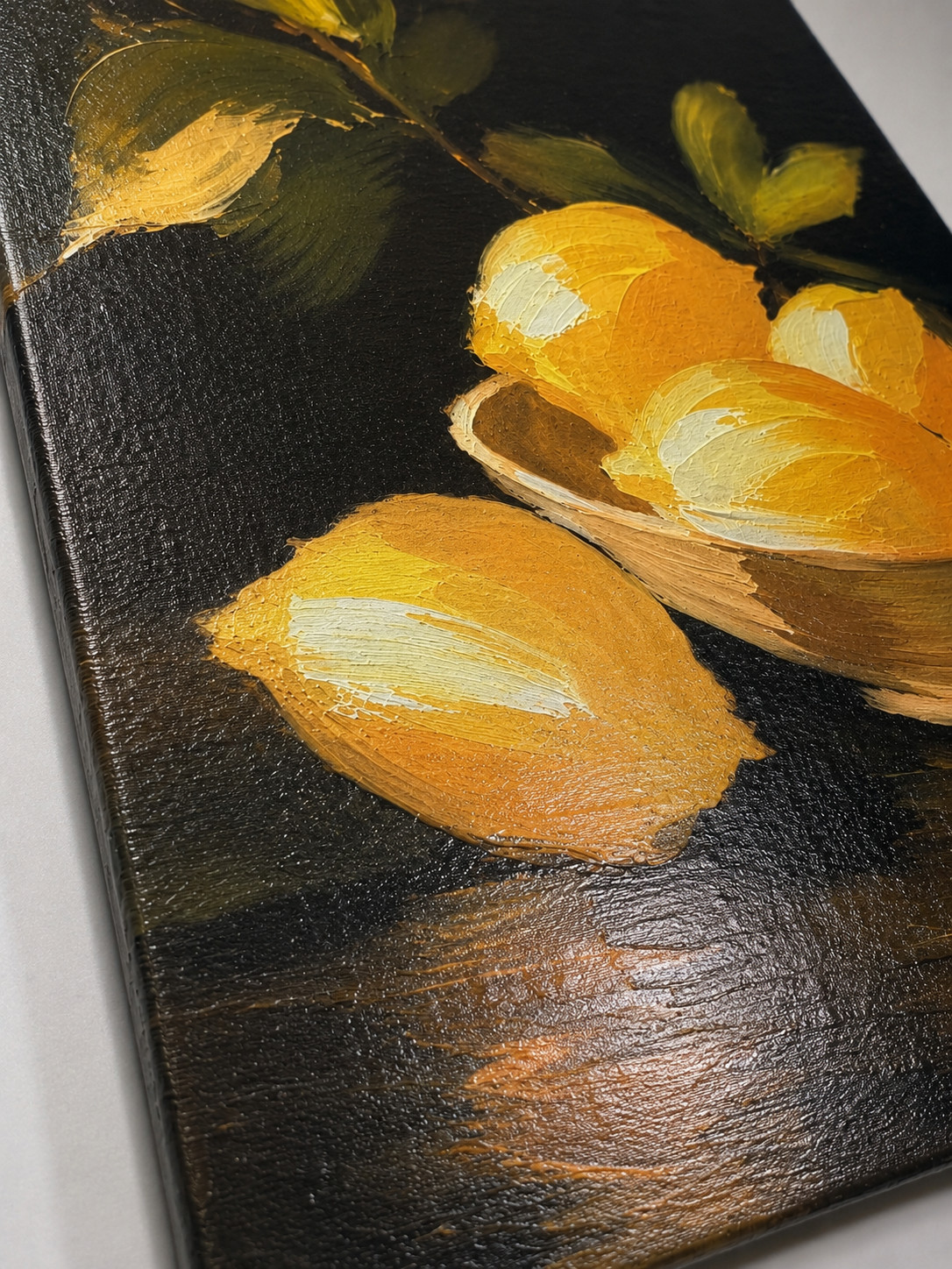 Lemon Still Life Impasto Textured Canvas Print Framed Black Gold Wall Art