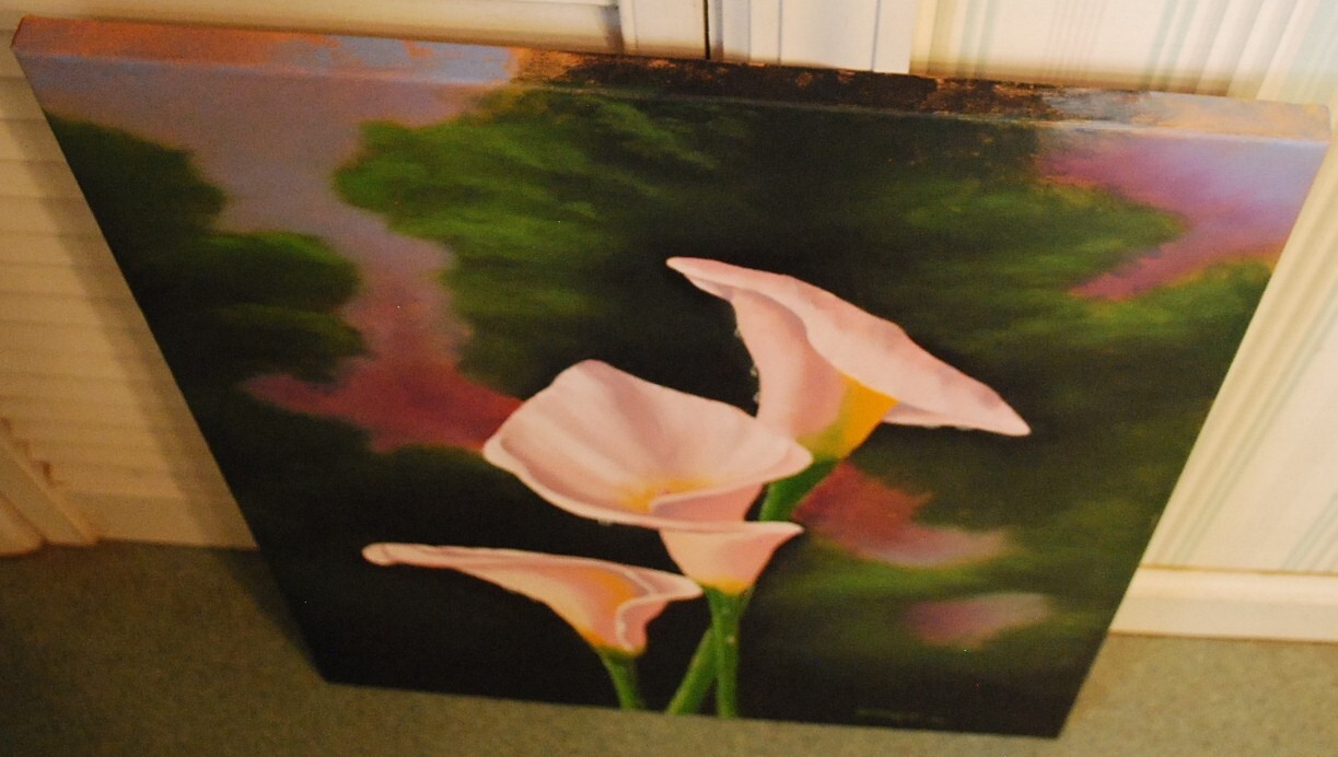 Vintage PINK CALLA LILIES FLOWERS Original Art ACRYLIC PAINTING Signed 24″ x 18″