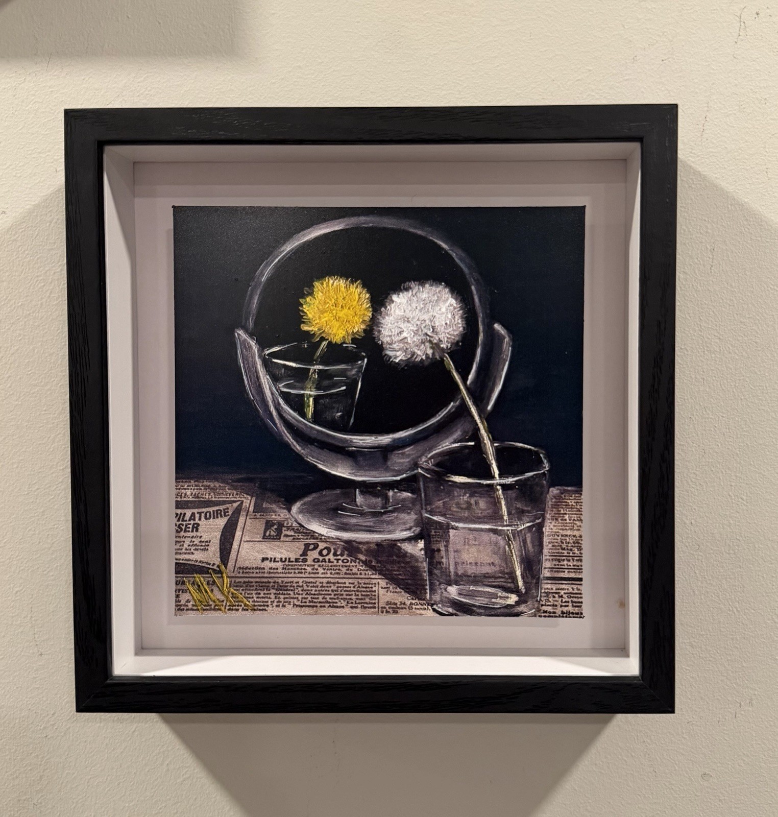 Mixed Media On Aluminum Hand Embellished Dandelion Still Life Framed 8”x8”, Gift