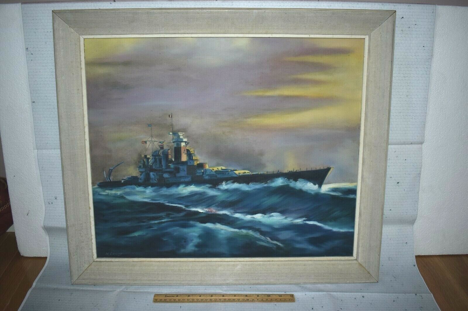 Vintage M. ERNST Navy Ship Acrylic Canvas Painting Signed Framed
