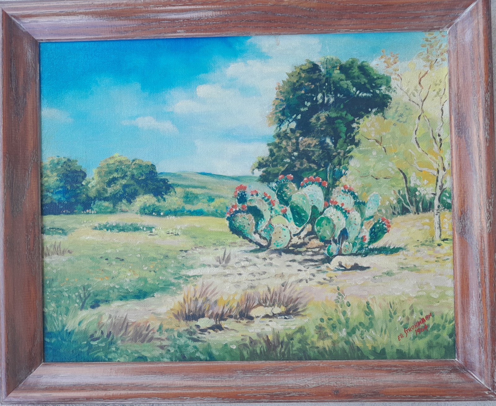 1964 WEST TEXAS OIL/PANEL LANDSCAPE «PRICKLY PEAR CACTUS» SIGNED ED STROHMANN