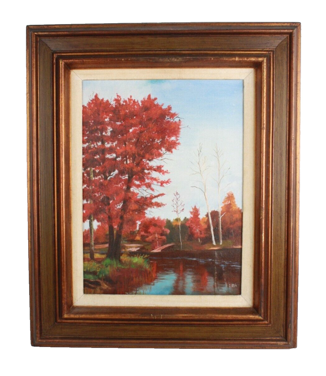 Vintage Fall Foliage Landscape Oil Painting On Canvas Signed Lillie Johnston
