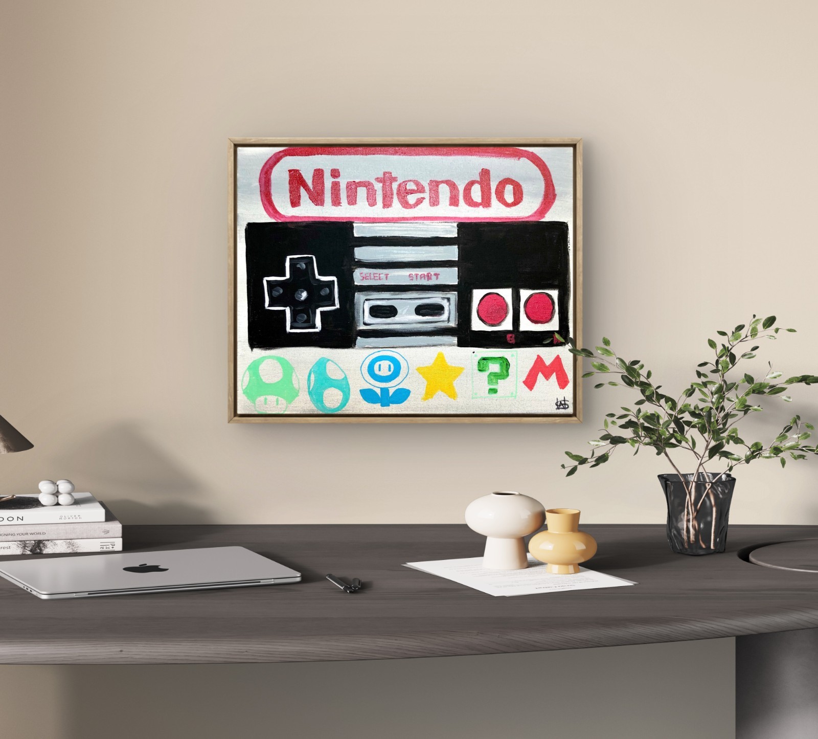 Vintage nintendo game controller neo expressionism painting 14X11 canvas