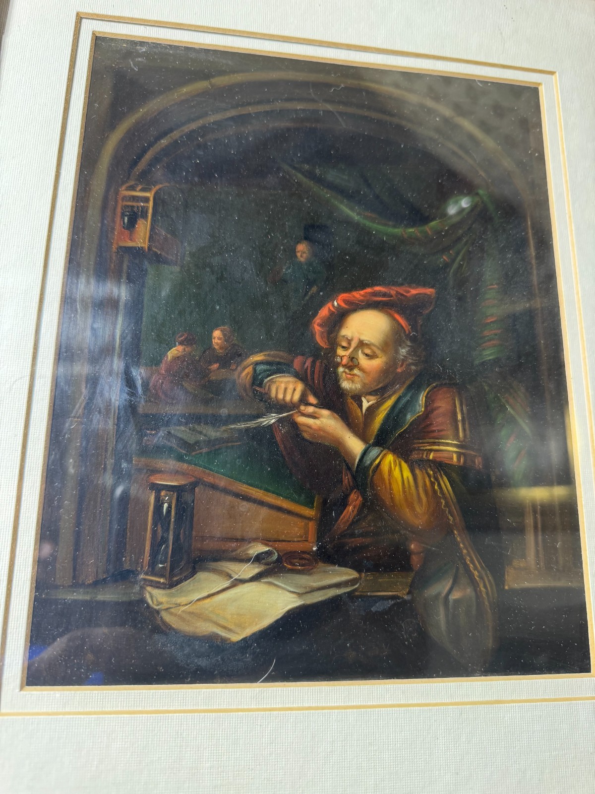 Stunning Antique «Man Sharpening Quill Pen» Oil On Metal Painting – Framed