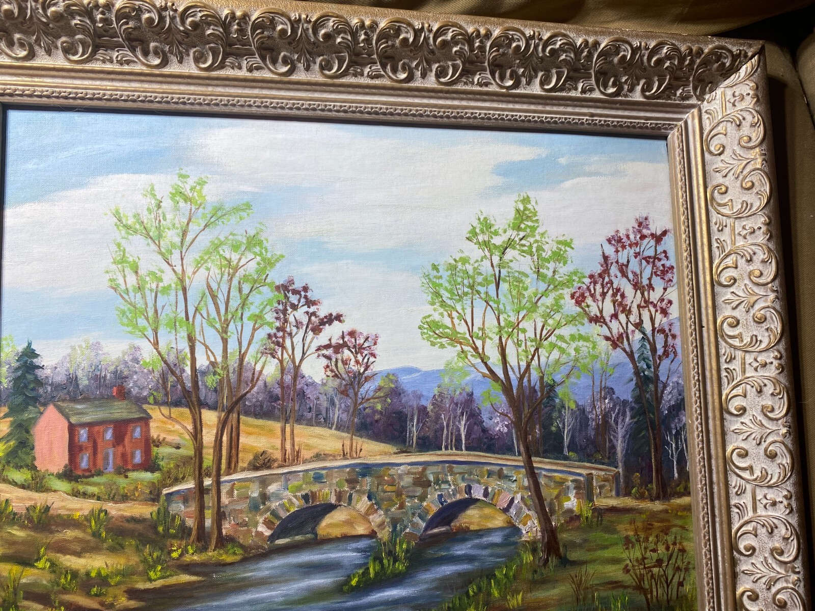 E.W Bailey «Stone Bridge And River Landscape Scene » Oil Painting -Signed/Framed