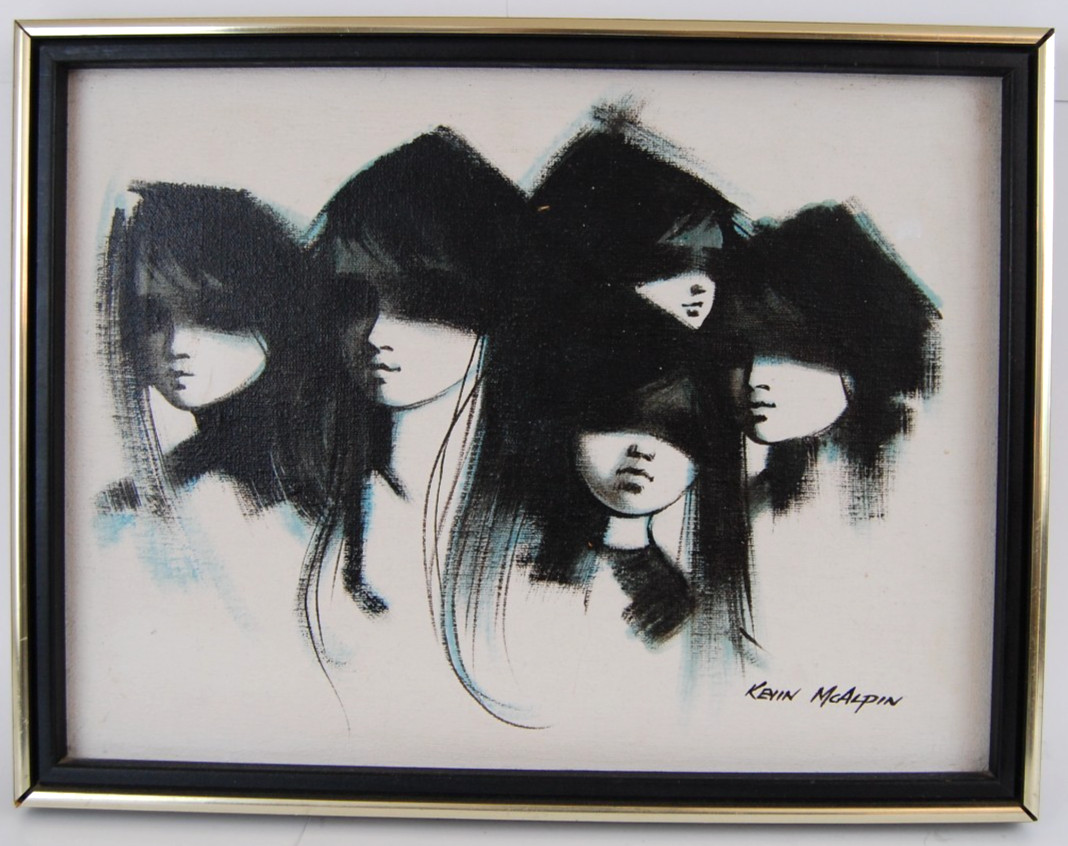 Vtg 70’s MCM Original Kevin McAlpin oil painting Five Blindfolded Children 16X12