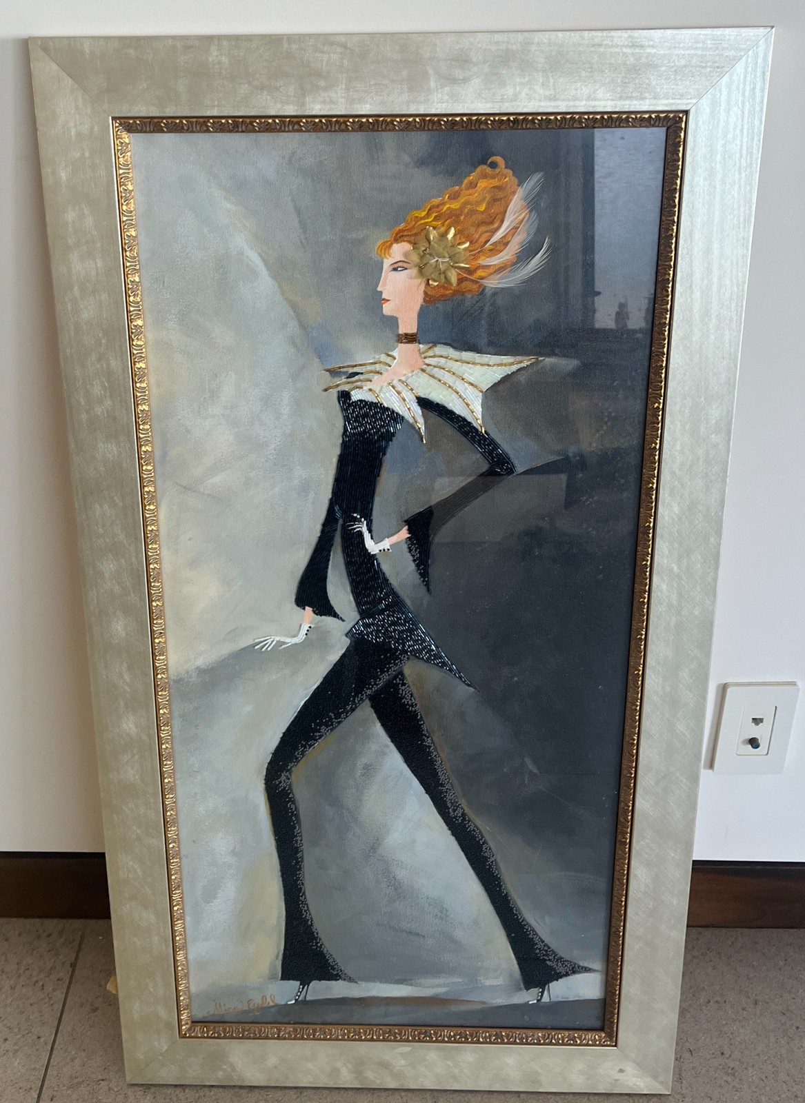 Alina Eydel Mixed Media Painting Fashion Woman Beads Feathers Art Deco Framed