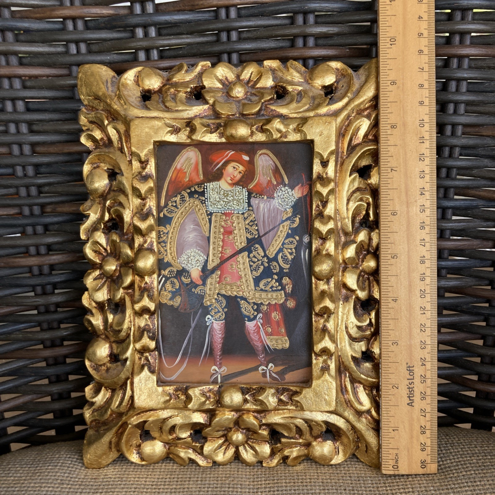Cusco School of Art Revival Retablo Archangel Gold Gilt Wood Frame