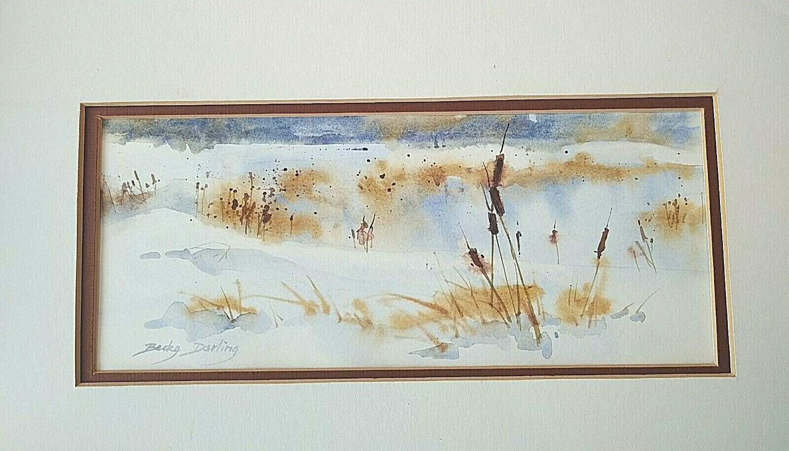 Beautiful Orignal Watercolor by Becky Darling – «Cattails In Snow» – Signed