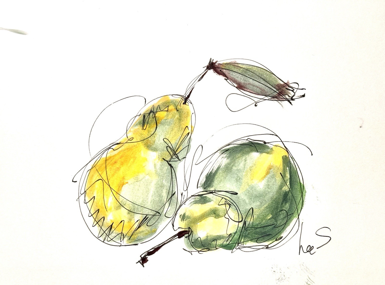 Original Abstract Expressionism 9X12 Pears Paper Ink Colorful Handmade Signed 15