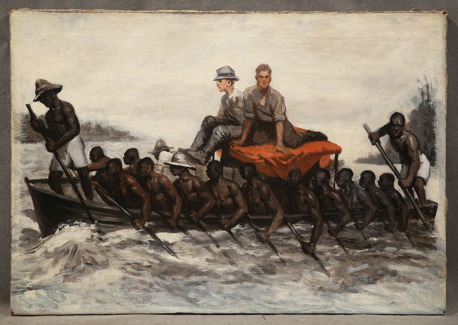 Black Americana Painting Men Rowing a Boat on a River, attr. to Winslow Homer