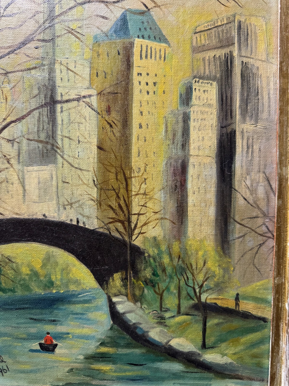 LaRue 1961 «Park And And Cityscape» Oil Painting – Signed And Framed
