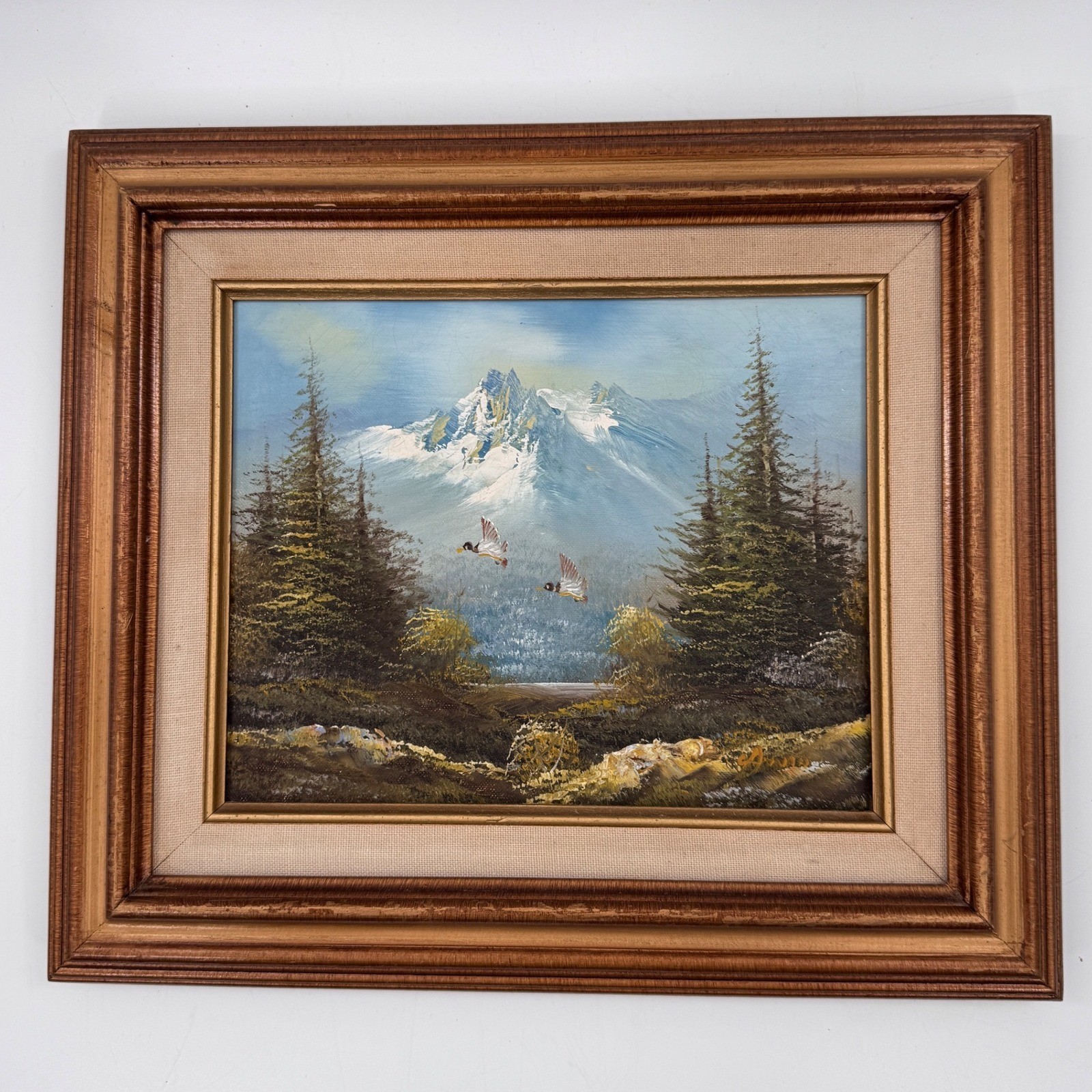 Vintage Oil Painting Mountain Landscape Ducks in Flight Framed 15×13