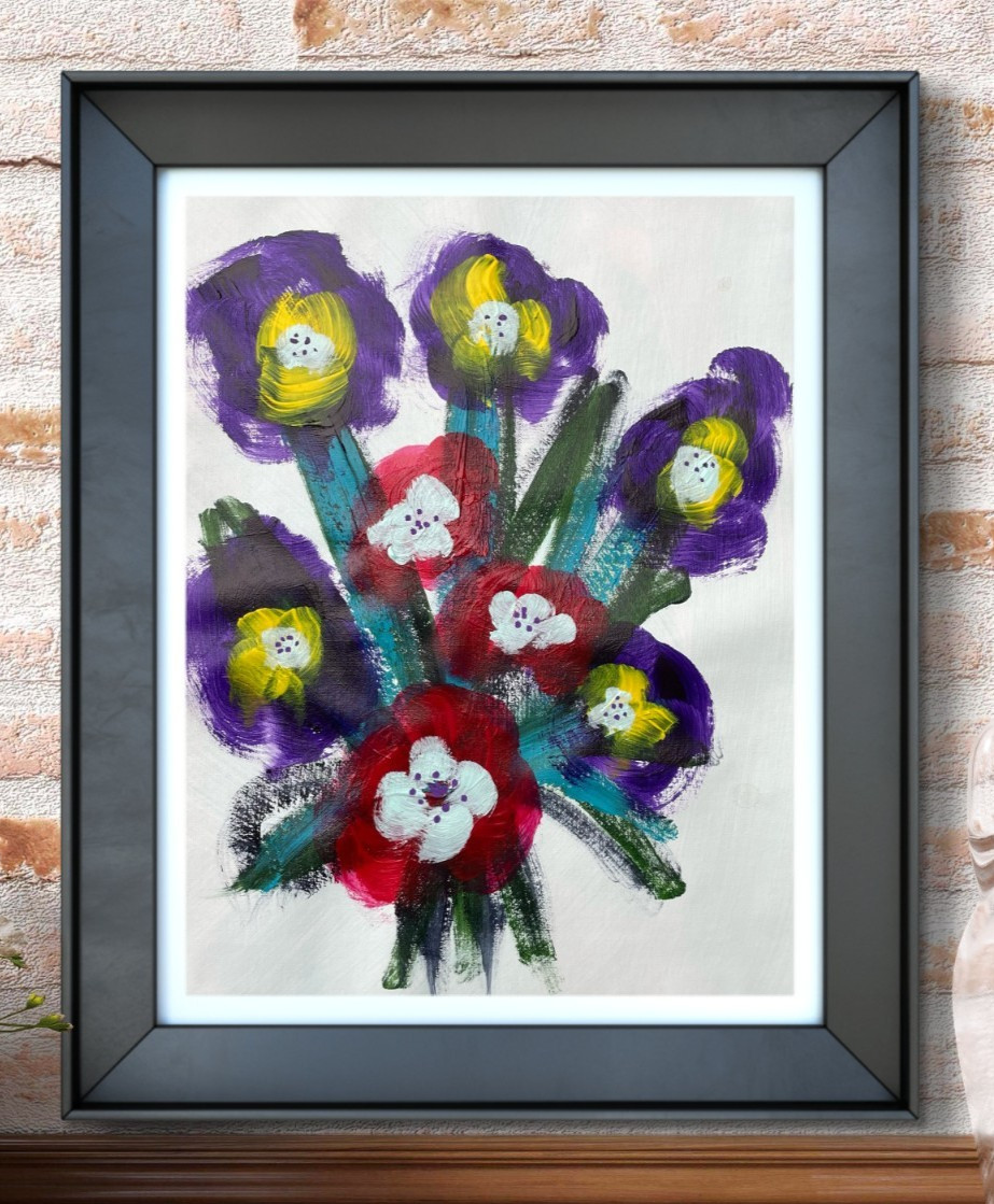 OOAK «Red & Purple Flowers» 9×12 Canvas Expressionism Abstract Design Home Art