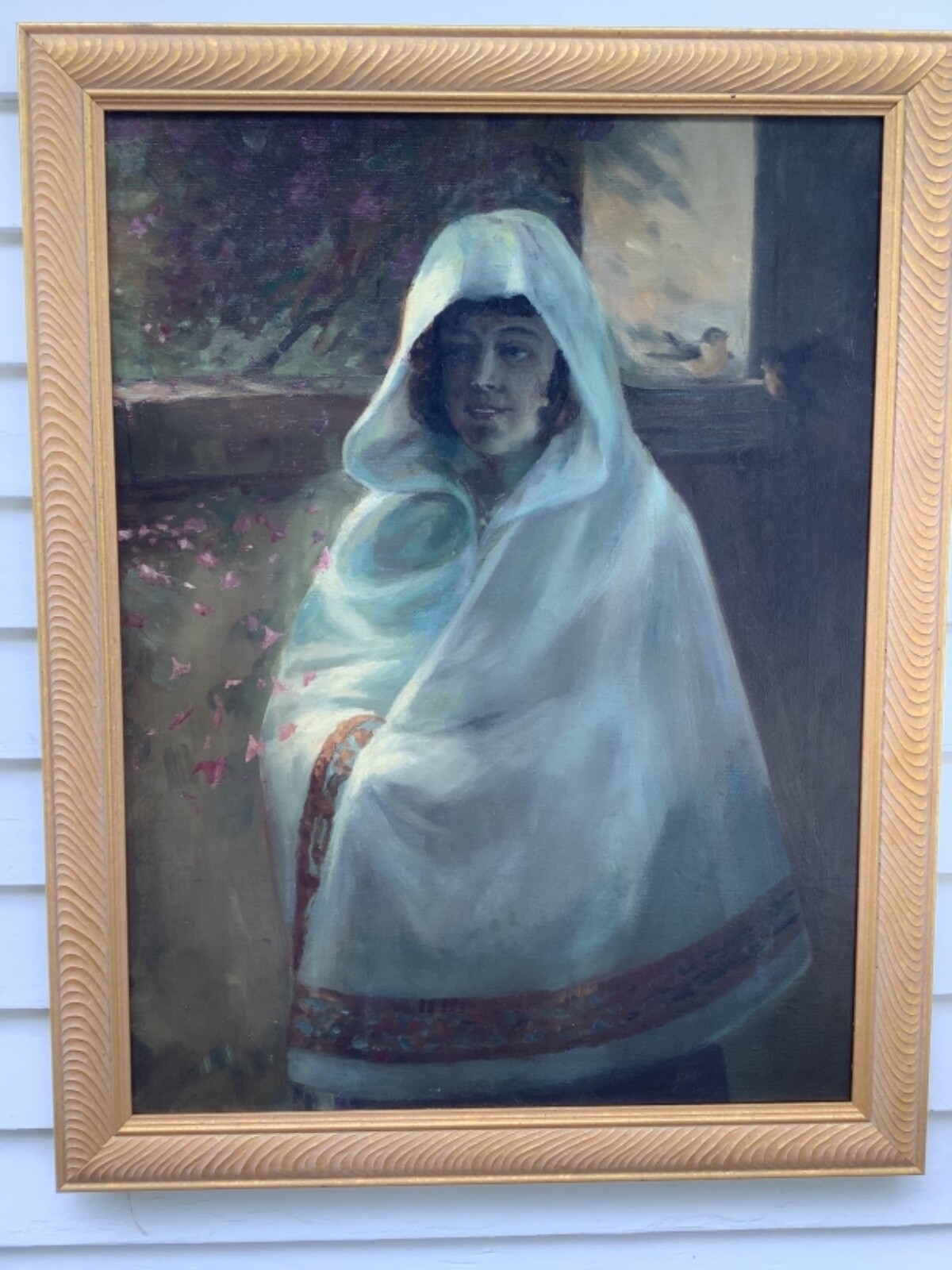 Large Antique Oil/Canvas Relined/New Frame Woman In Hooded Cloak
