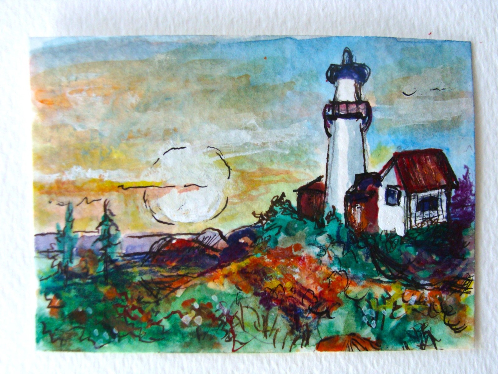 Original watercolor and ink painting on paper ACEO art Lighthouse Tarrantts