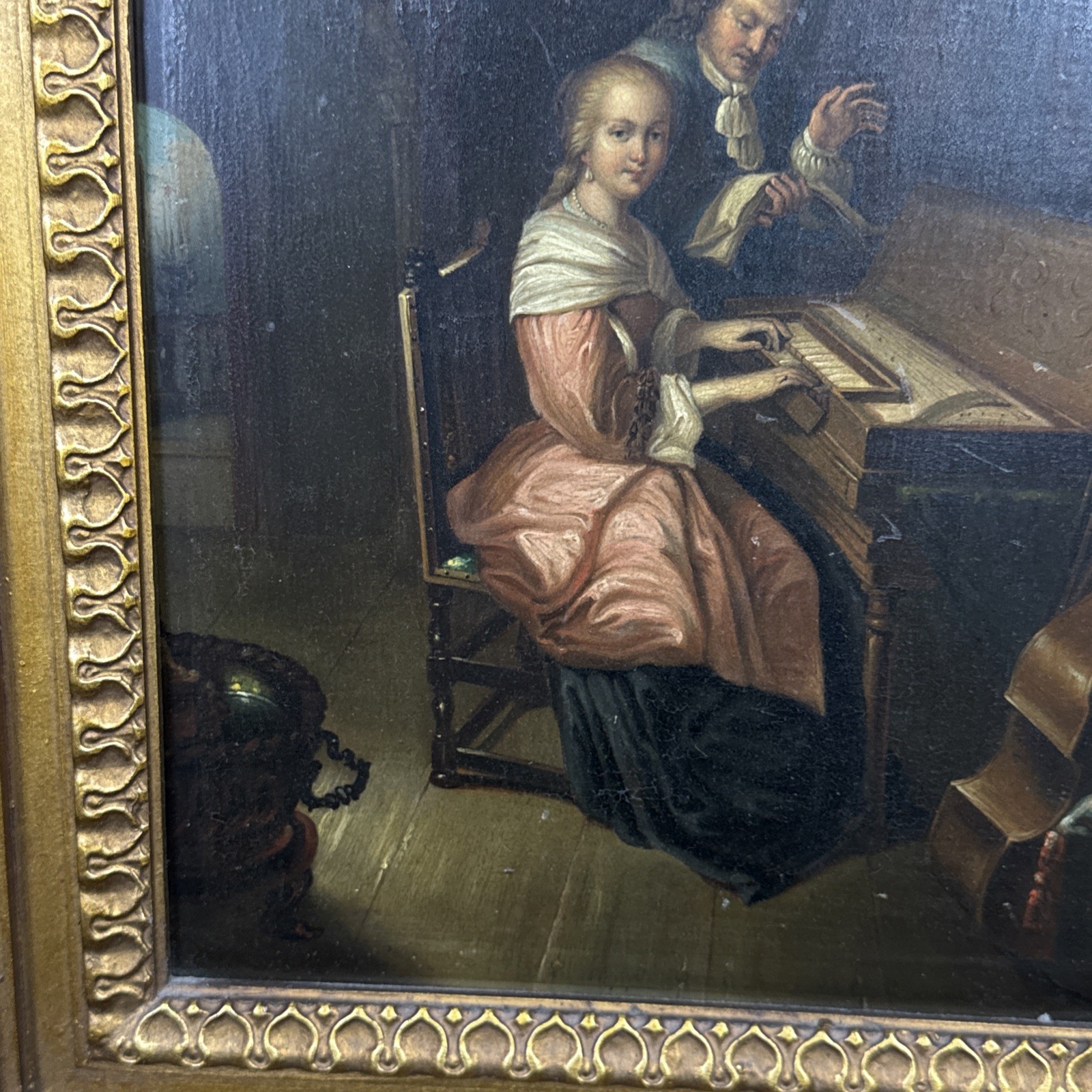 19thC Continental School Oil On Copper Painting Piano Lesson Framed 18×19”