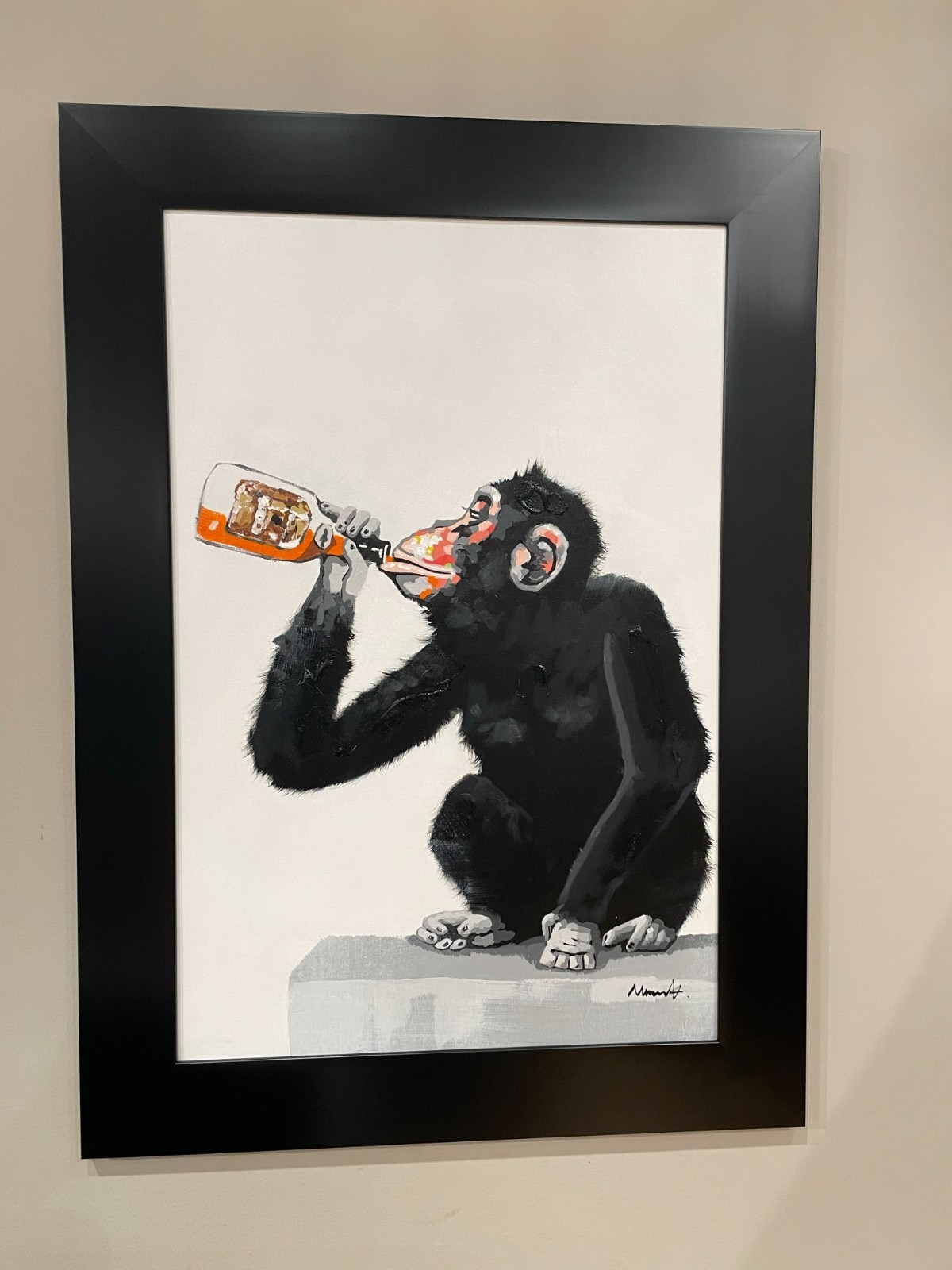 Stunning 32″x44″ framed Oil painting,monkey drinking 100% hand painted.