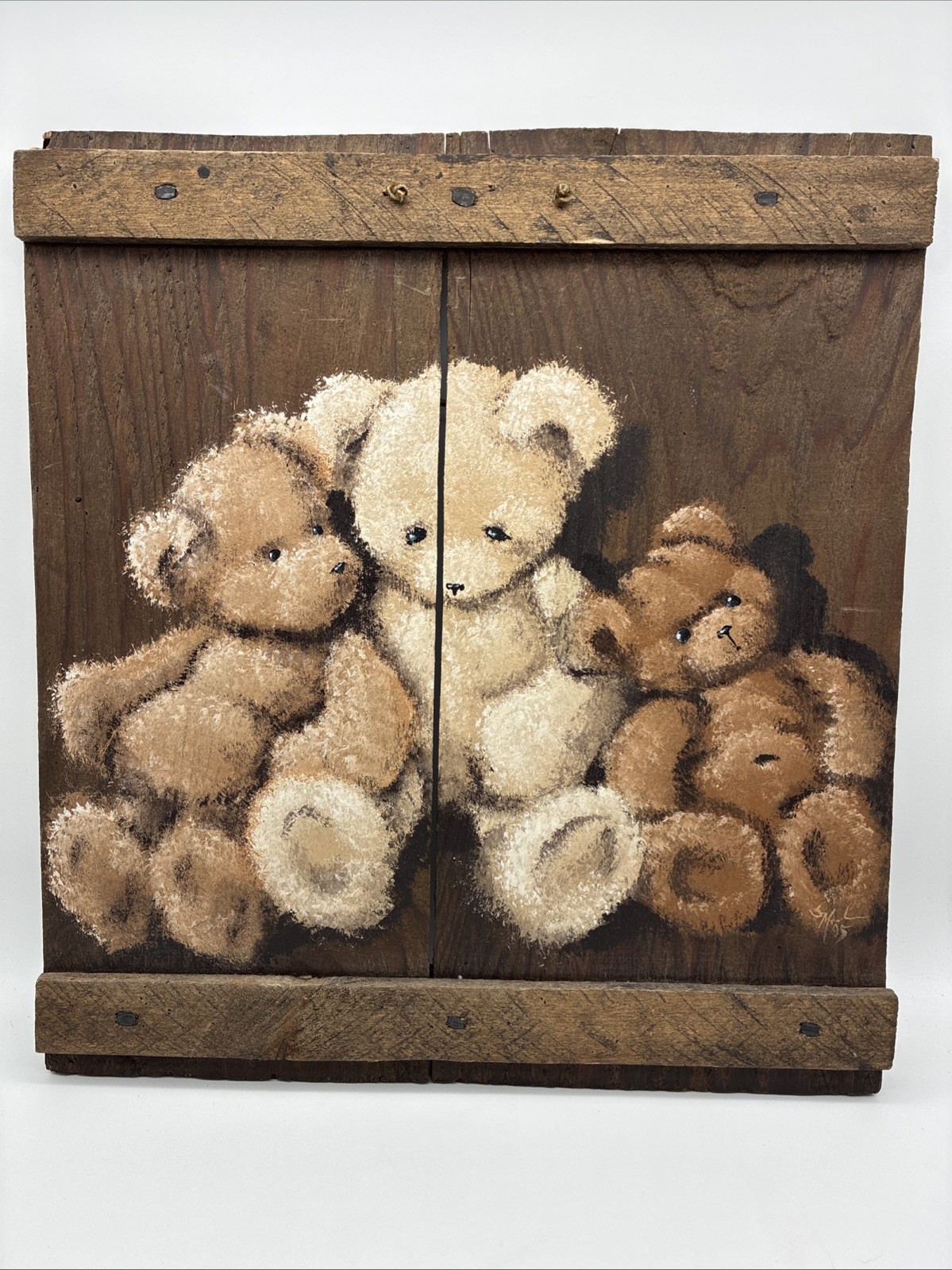 Vtg Primitive HandPainted TeddyBear FolkArt Reclaimed Wood Decor Signed 1995