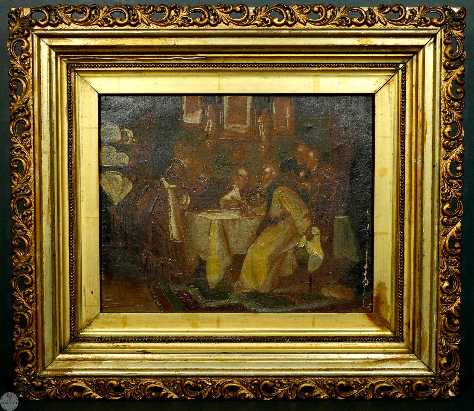 Antique 19th Century Original European School Interior Genre Scene Oil on Canvas