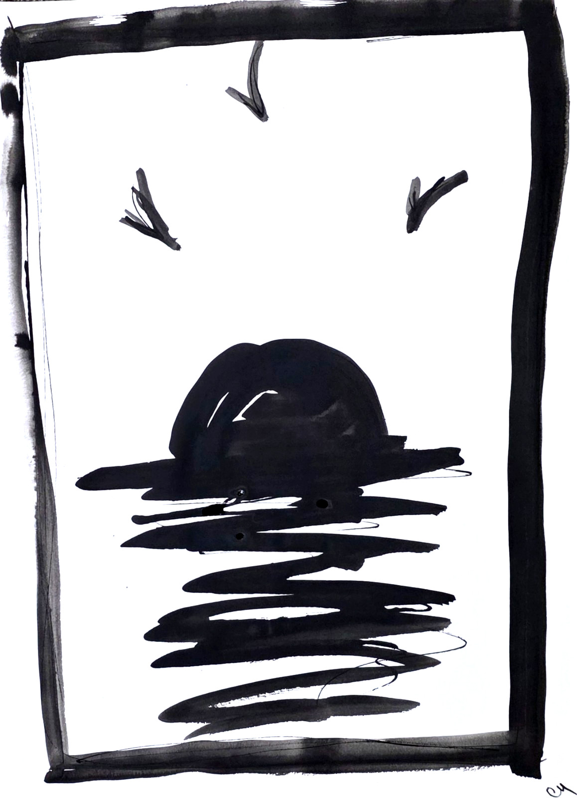 Original Abstract 9×12 Seascape Painting Black White Minimalist Acrylic Paper