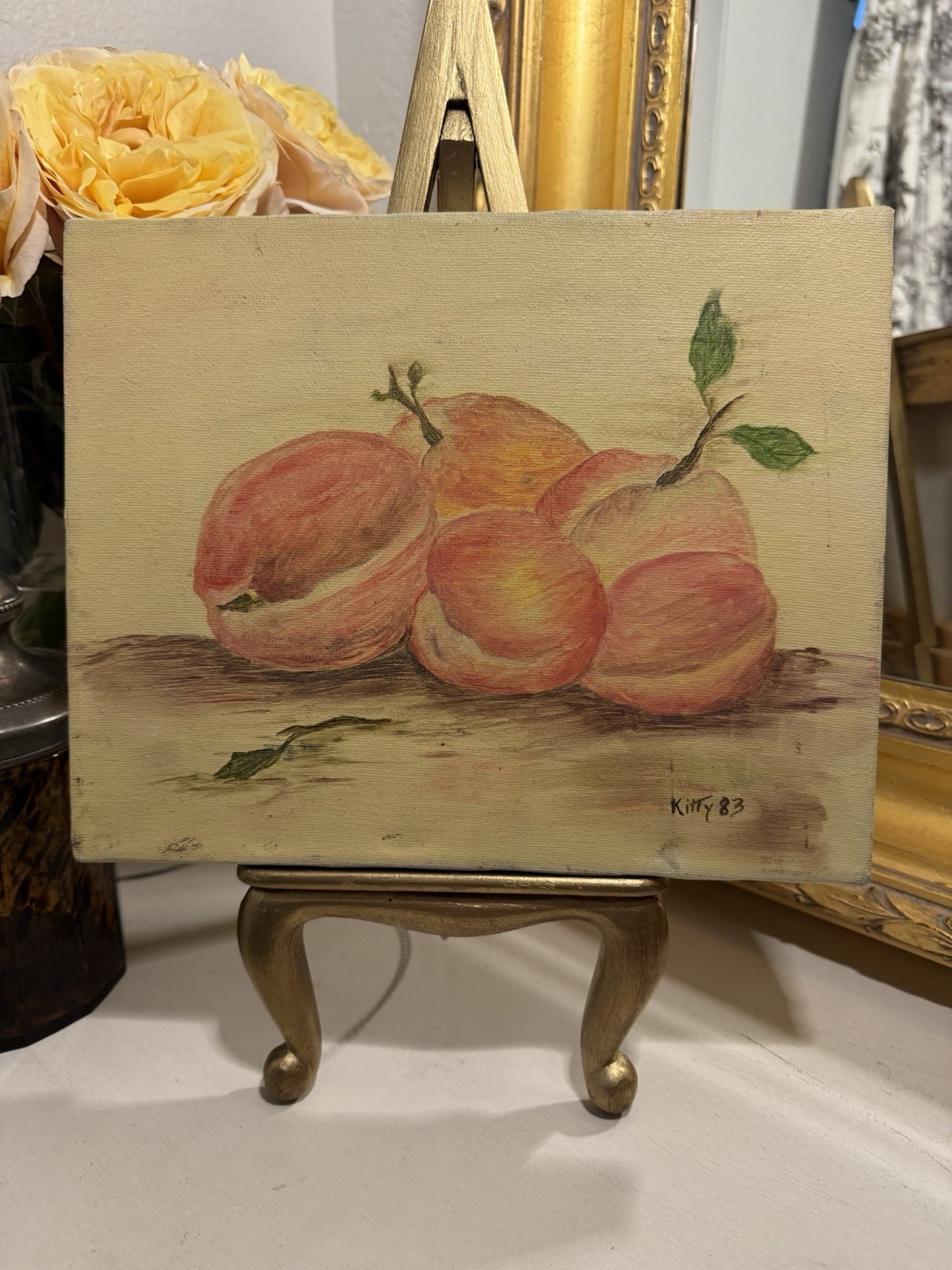 Sweet Vintage Peach Original Oil Painting On Stretched Canvas 8×10 in Signed