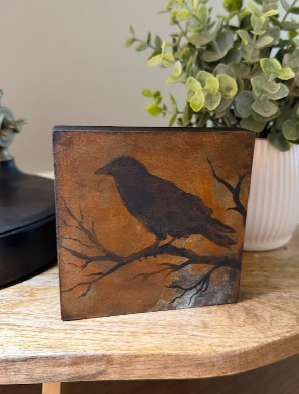 Small Art Abstract Black Crow Raven Painting on Wood Panel Shelf Sitter